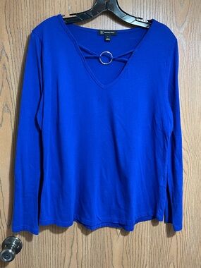 INC International Concepts Royal Blue V-Neck Long Sleeve Top with Ring Detail